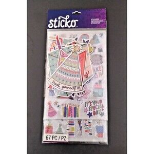 Sticko, Celebration Birthday Sticker Pack, Flat and Puffy Sticker 67 Pieces, NEW